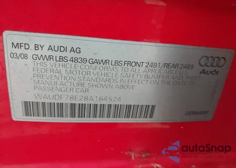 2008 Audi A4 2.0T/2.0T Special Edition из США, поврежденный, VIN WAUDF78E28A164524